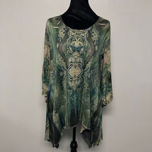 Women's One World Tunic Top Size small Green Blue beaded Long flare Sleeve boho